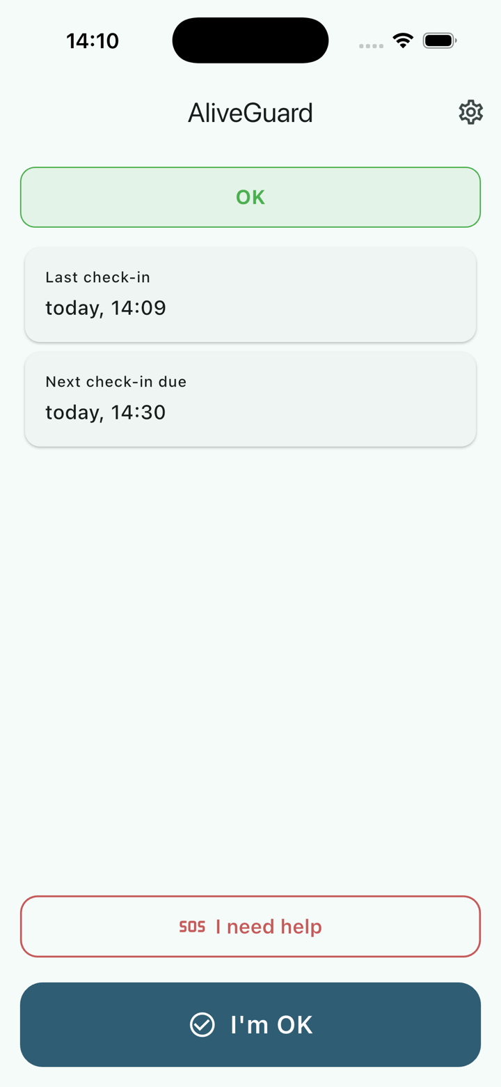 Aplicación AliveGuard – pantalla de check-in
